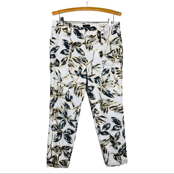 J Crew cream brown linen palm leaf tropical metallic ankle pants 10 - Picture 1 of 7